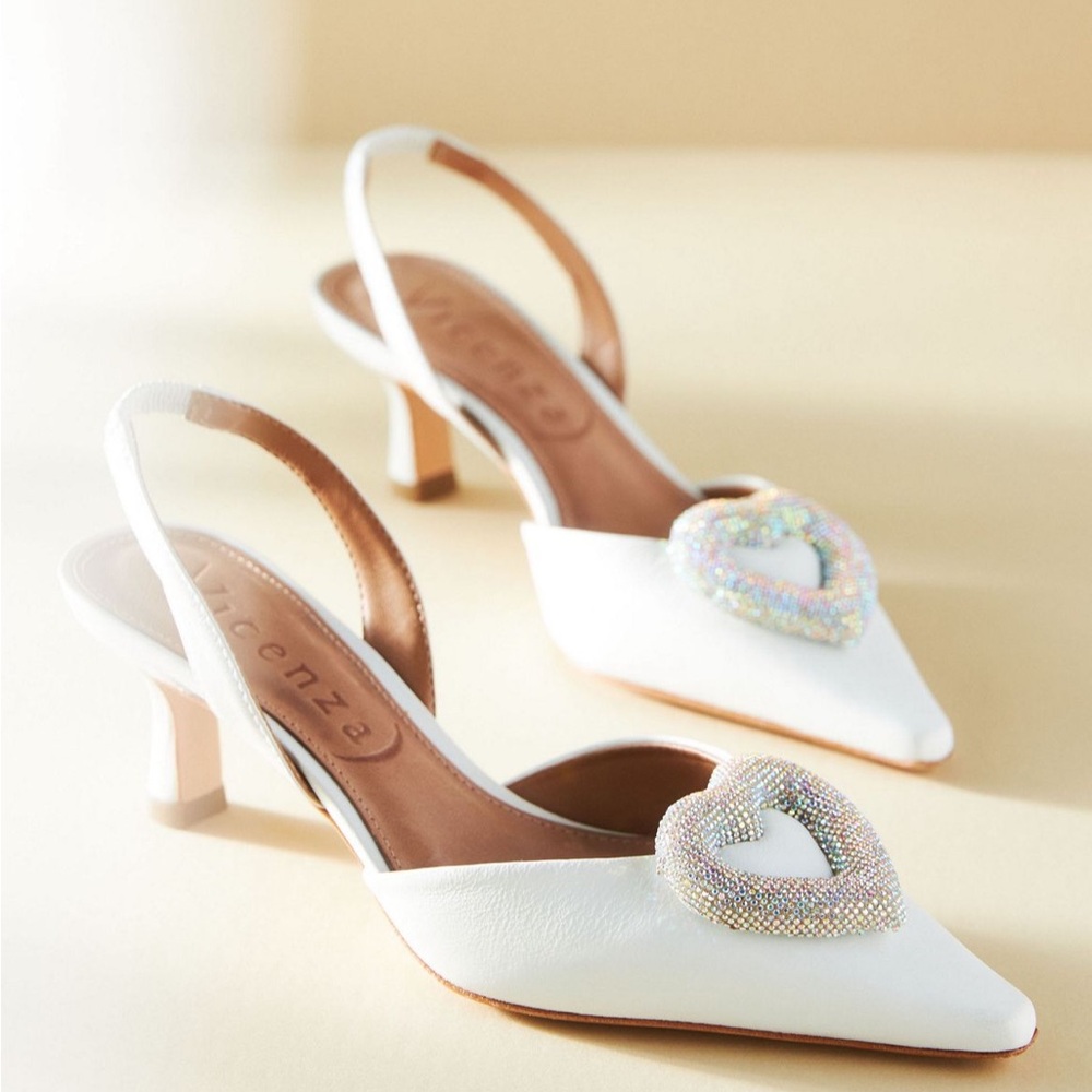 Vincenza Anthropologie White Heart Crystal Heels Size 8.5 / 9 NIB Brazil size 40